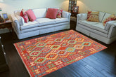 Flat Weave Kilim Antique Navaho Vintage handmade Geometric Kilim Red Blue Hand-Woven Rectangle 100% Wool Area Rug 5x7